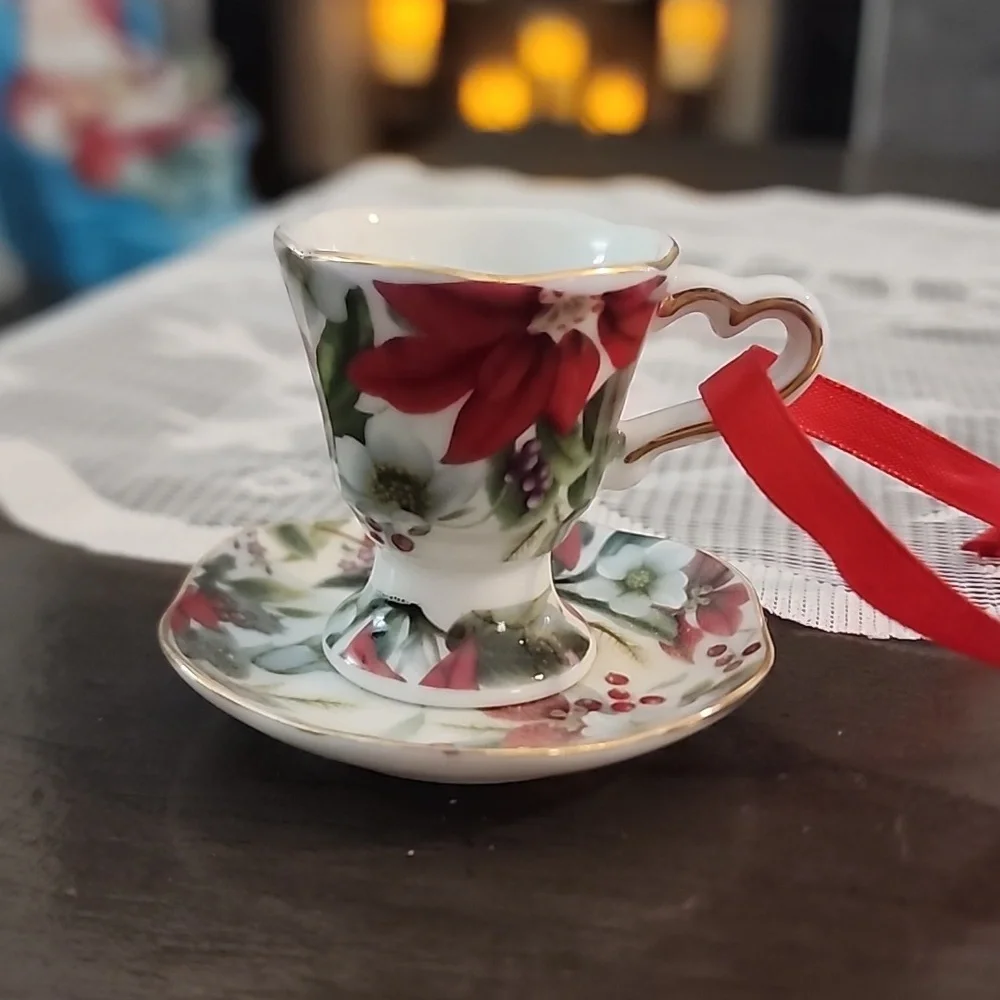 Christmas ornaments, miniature tea cups and tea pots